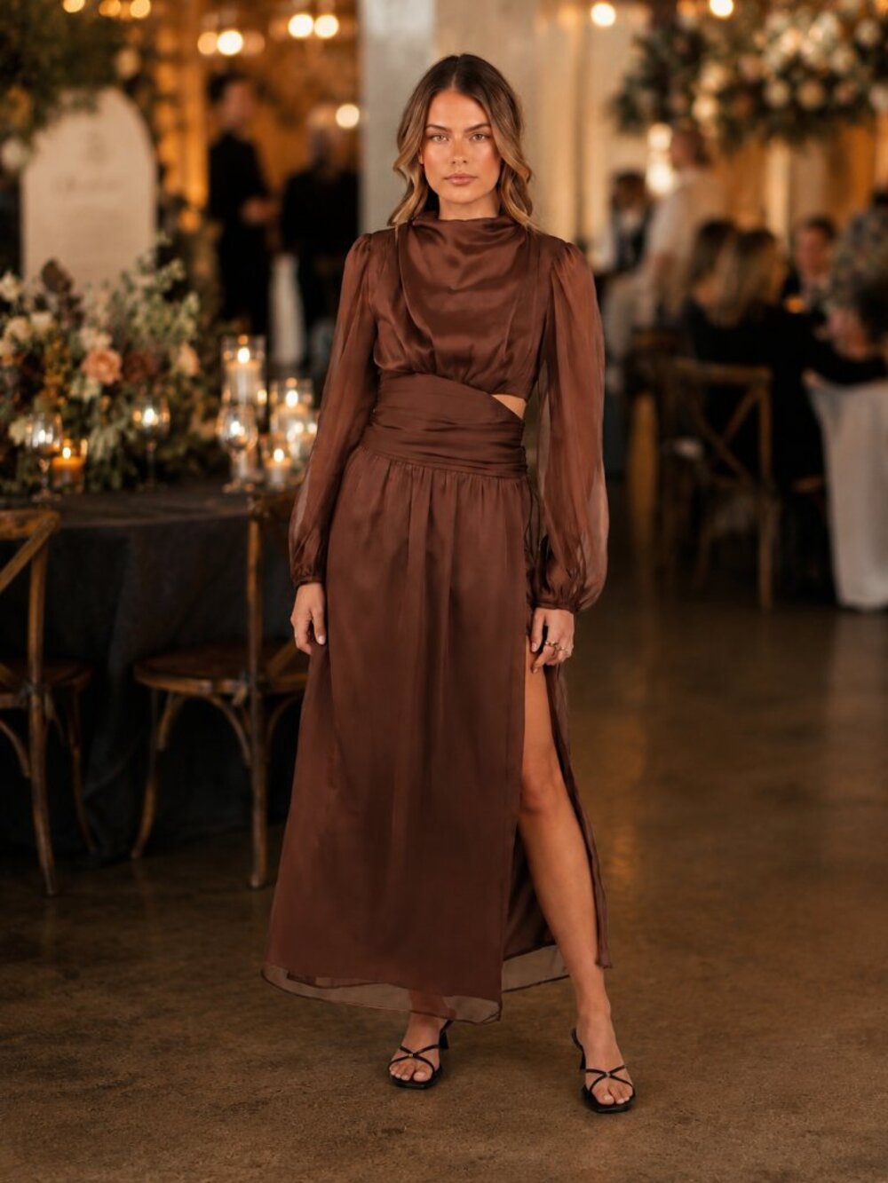 NWT Petal & Pup Neveah Brown Chiffon Cutout Maxi Dress Sz 8 Wedding Guest - Picture 2 of 7